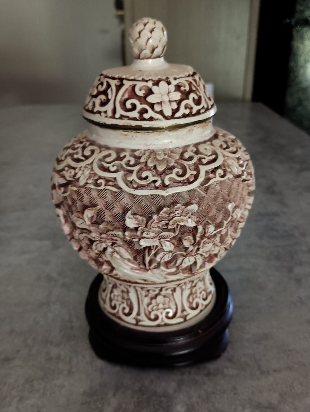 Carved Floral Ginger Jar Vase in Cream and Brown